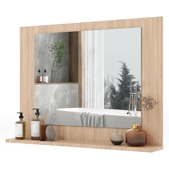 ZALIX Bathroom Mirror with Shelf, 23.5" x 17.5" Rectangle Vanity Mirror with Exquisite Frame, Expansion Screws, Wall Mounted Horizontal Hanging Mirror for Entryway, Living Room (Natural)