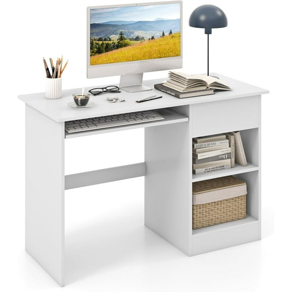 ZALIX Computer Desk with Drawers, Modern Office Desk with Keyboard Tray and Open Storage Shelf, Study Table for Kids, White Home Office Desks, Small Desk for Bedroom, Living Room, Study (White)