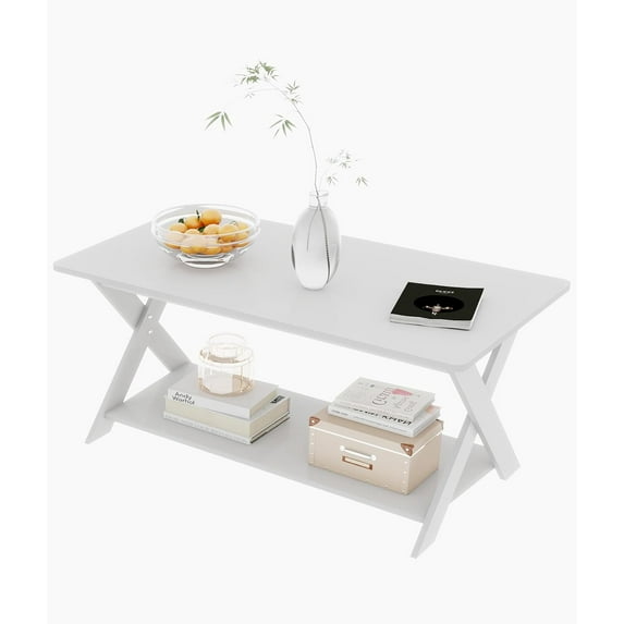 ZALIX Modern Coffee Table with Storage Shelf, Simple Rectangular Tea Tables for Living Room Bedroom Home Office White