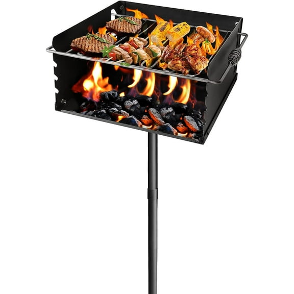 ZALIX Park-Style Charcoal Grill, 16x16x8 Inch Heavy Duty Steel Outdoor BBQ Grill with Grate, Single Post Carbon Steel Park Grill for Backyard, Camping