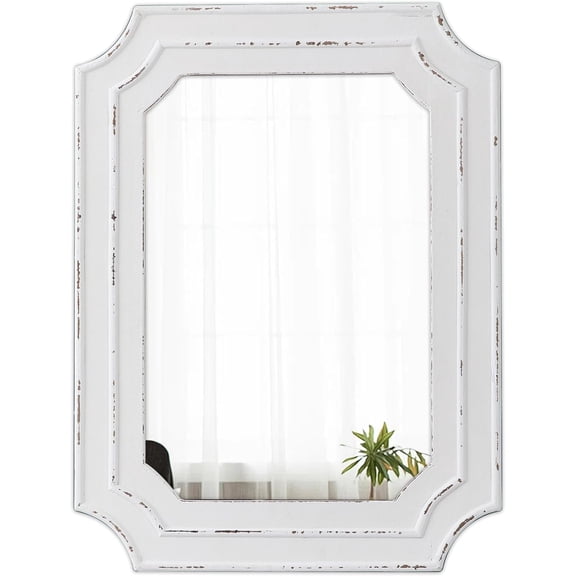 ZALIX Rustic White Mirror 18 X 24 Inch, Wall Hanging Distressed Finish Wooden Frame Vintage Mirrors for Wall Decor, Farmhouse Wall Mirrors for Vanity Bedroom Entryway, Horizontal or Vertical
