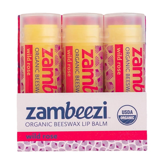 ZAMBEEZI Organic, Fair Trade Beeswax Lip Balm - Wild Rose 3 Pack - Ethically Sourced