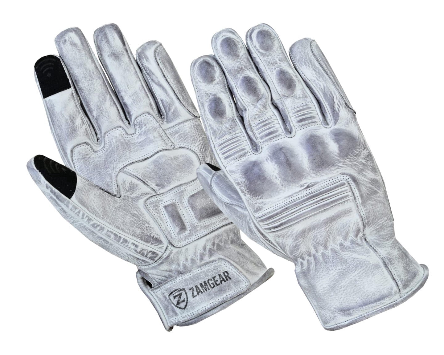 ZAMGEAR Leather Motorcycle Gloves With Reinforced Knuckles, Touchscreen Finger Tips, White