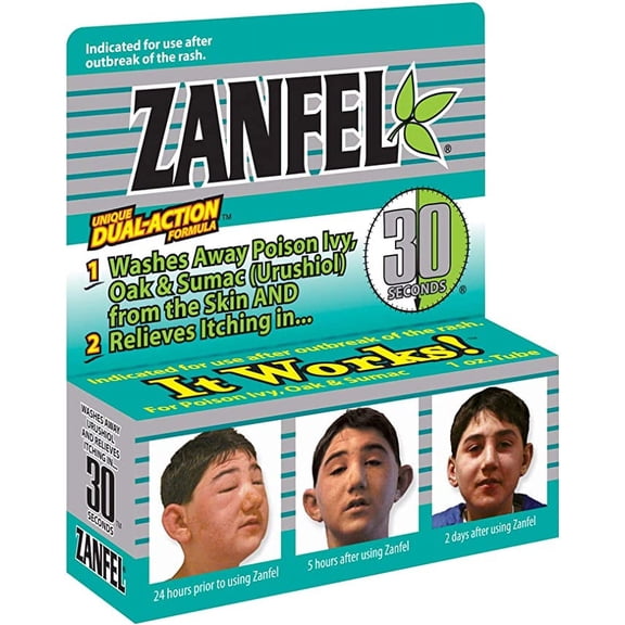 Zanfel - Poison Ivy, Oak & Sumac Wash 1 oz.  Topical Solution for Poison Ivy and Poison Oak.  Relieves itching and pain within 30 seconds. Removes urushiol quickly and effectively. 30 second Relief!