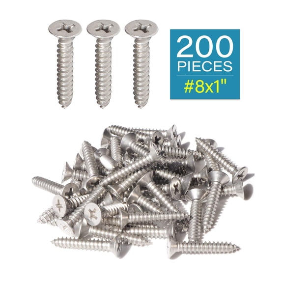 ZANHUA-1 Inch Wood Screws #8 200pcs Flat Head Phillips Screws 18/8 (304) Stainless Steel for Sheet Metal, Deck, Cabinet, Hinges, Indoor & Outdoor Use by