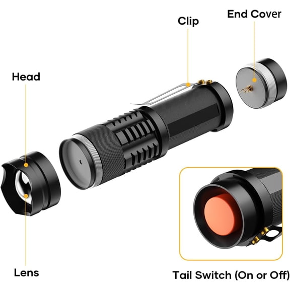 ZANHUA-1 Mode Mini Flashlight 2 Pack, Aluminum LED Small Flashlights Zoomable Water-Resistant, EDC Tactical Flash Light for Camping Emergency Gift (Powered by 1x AA Battery, Not Included)