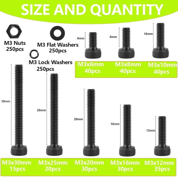 ZANHUA-1000Pcs M3 Screws,M3x6/8/10/12/16/20/25/30 mm Screw kit,Hex Socket Head Cap Bolts,12.9 Grade Black Zinc Plated for 3D Printer