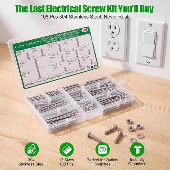 ZANHUA-108PCS #6-32 304 Stainless Steel Phillips Pan Head Machine Screw Assortment Kit, Coarse Thread Combo Set for Electrical Outlet, Switch Plate, Junction Box, Furniture Repair, 12 Sizes (1/4" to