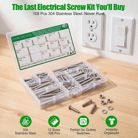 ZANHUA-108PCS #8-32 304 Stainless Steel Phillips Pan Head Machine Screw Assortment Kit, Coarse Thread Combo Set for Electrical Outlet, Switch Plate, Junction Box, Furniture Repair, 12 Sizes (1/4" to
