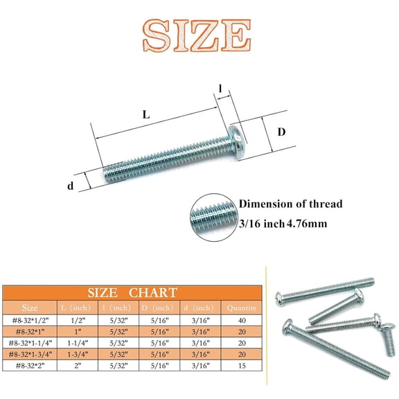 ZANHUA-115 Pcs 5 Sizes #8-32 Machine Screws Knob Cabinet Screws Electricians Screws, Carbon Steel Zinc-Plated Phillips Pan Head Machine Screws Assortment Kit