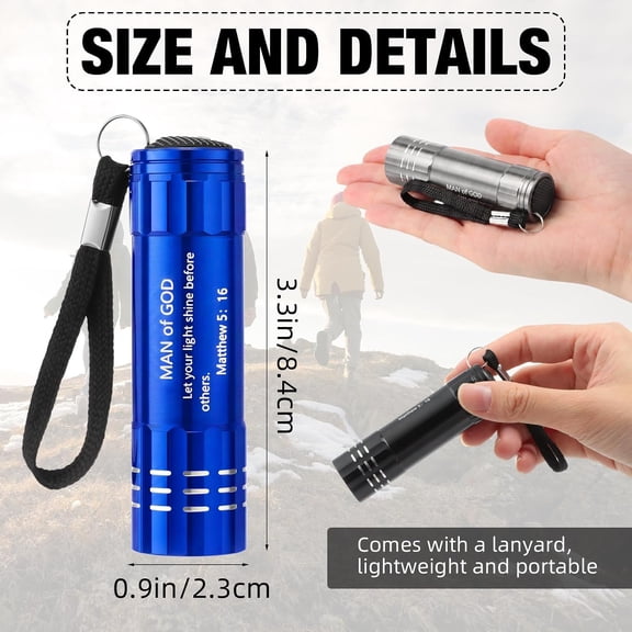 ZANHUA-12 Pcs Man of God Gifts Mini Flashlights Bulk, Aluminum Handheld Flash Light with Lanyard Small LED Flashlights Religious Church Gifts for Men Dad Father's Day (Black,Silver,Red,Blue)
