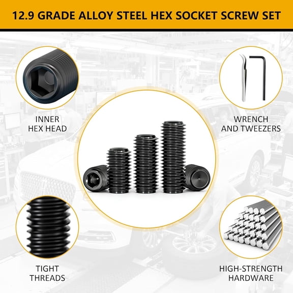 ZANHUA-1214Pcs Metric & SAE Set Screw Assortment Kit, Internal Hex Drive Set Screws for Bathroom Fixtures, Door Handles, Towel Rack Screws, 12.9 Grade Alloy Steel Grub Screw (M3-M8, 1/8"-40 to 5/16"