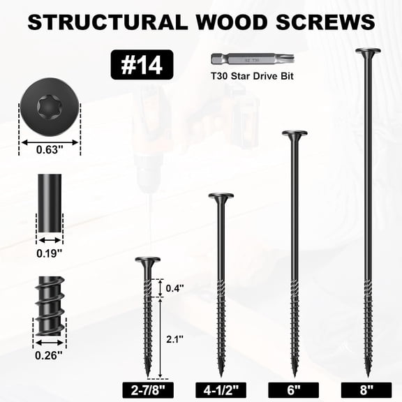 ZANHUA-#14 Heavy-Duty Wood Screws, Star Drive Deck Screws, Rust Resistant Timber Screws for Timber/Log/Landscaping Wood (2-7/8 Inch,30Pcs,Black)