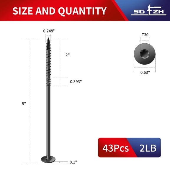 ZANHUA-#14 x 5 Inch Outdoor Structural Wood Deck Screws (43Pcs/2lb), Carbon Steel, Black, Flat Head, Rust Resistant Epoxy Coated, T30 Star Bit