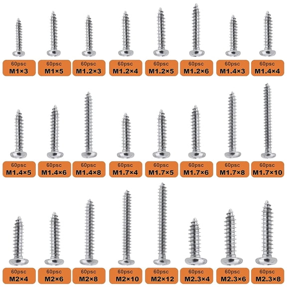 ZANHUA-1440 Pcs Mini Screws - Self Tapping Phillip Pan Head Micro Electronic Screws, M1-M2.3 Silver, 24 Size Assortment
