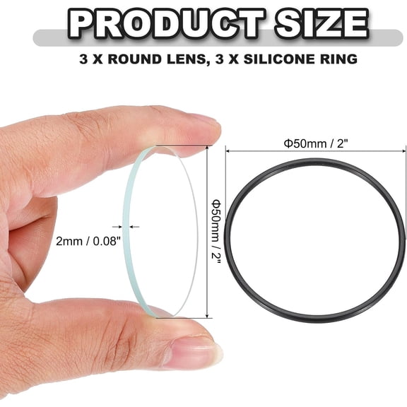 ZANHUA-2" Dia LED Lens, 3 Set Polished Edge Flashlight Replacement Parts Glass Lens with Silicone Ring for Light Source Lens Replacement, Transparent