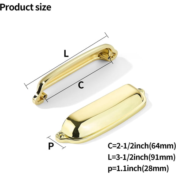 ZANHUA-2 Pack Polished Brass Cup Pulls 2-1/2 Inch Center to Center - Cabinet & Drawer Handles for Kitchen Hardware