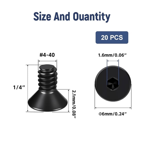 ZANHUA-20 Pcs #4-40 x 1/4" Flat Head Socket Cap Machine Screws,Grade 10.9 Alloy Steel Countersunk Bolts,Fully Threaded Allen Hex Drive, Black Oxide Finish