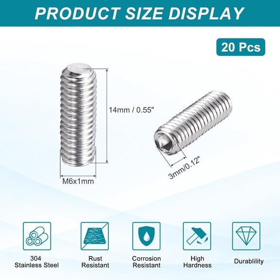 ZANHUA-20 Pcs M6-1 x 14mm Grub Screws, 304 Stainless Steel Cup Point Allen Head Screws Internal Hex Socket Drive for Bathroom Fixtures Repair Furniture DIY Project
