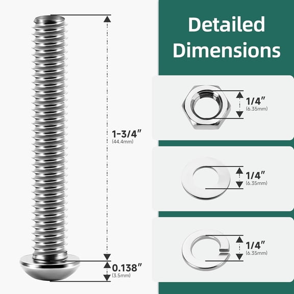 ZANHUA-20Pcs 1/4-20 x 1-3/4" Button Head Socket Cap Bolts Screws Assortment Kit, 304 Stainless Steel 18-8, Bright Finish Fully Machine Thread with Hex Key