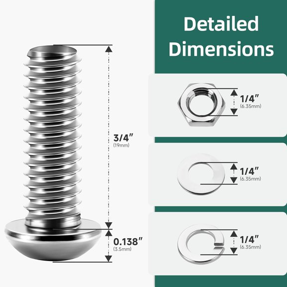 ZANHUA-20Pcs 1/4-20 x 3/4" Button Head Socket Cap Bolts Screws Assortment Kit, 304 Stainless Steel 18-8, Bright Finish Fully Machine Thread with Hex Key