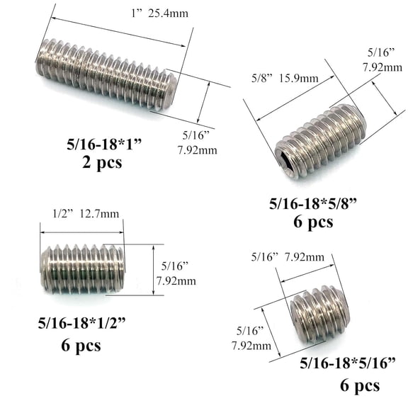 ZANHUA-20pcs 5/16-18 Inch 4 Sizes Thread Hex Socket Set Screw Assortment kit  304 Stainless Steel Full Thread Cup Point Grub Screws Set Screw for Bathroom Fixtures, Door Handles, Light Fixtures etc