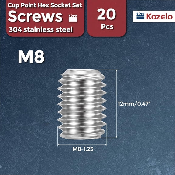 ZANHUA-20pcs Cup Point Hex Socket Set Screws - [M8-1.25x12mm] 18-8 Stainless Steel Headless Allen Head Grub Set Screw with Hex Key Wrench for Door Handles, Bathroom Fixture & Towel Rack