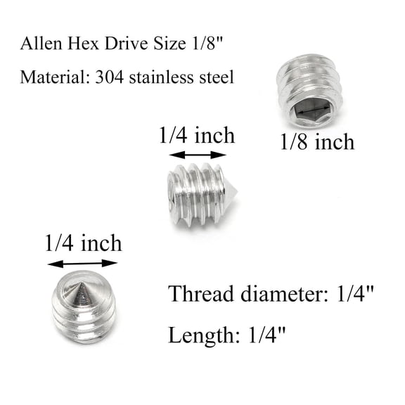 ZANHUA-25pcs 1/4-20 x 1/4" Hexagon Hex Socket Set Grub Screws 304 Stainless Steel Full Thread Cone Point Grub Screw