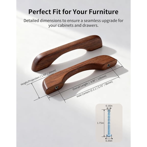 ZANHUA-3.75 Inch (96mm) Hole Centers Solid Walnut Wood Cabinet Handle, Brown Wooden Drawer Pull Replacement for Dresser Furniture, Modern Arched Bridge, Smooth Pure Hardwood Minimalist Style, 2 Pack