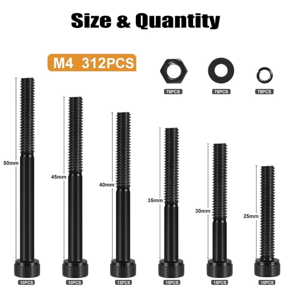 ZANHUA-312Pcs M4 Screw Kit, Black M4 Screws (6 Sizes 25-50mm), Metric Nuts and Bolts Assortment Kit, Hex Socket Head Cap 25/30/35/40/45/50mm with Washer Nuts, 12.9 Grade