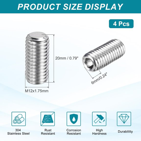 ZANHUA-4 Pcs M12-1.75 x 20mm Grub Screws, 304 Stainless Steel Cup Point Allen Head Screws Internal Hex Socket Drive for Bathroom Fixtures Repair Furniture DIY Project