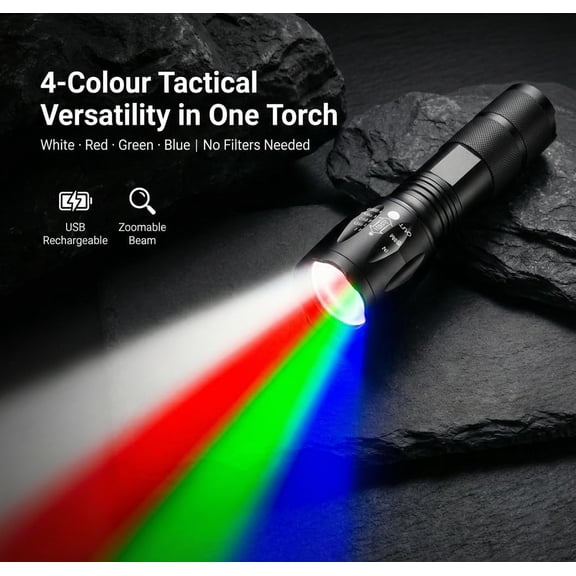 ZANHUA-4-in-1 Color Rechargeable Flashlight, Red, Blue, White, Green Telescopic Zoom LED Strong Light Flashlight, Waterproof and Suitable for Outdoor Travel, Emergency Rescue (1)
