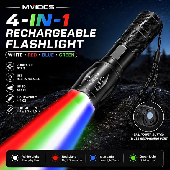 ZANHUA-4-in-1 Red Rechargeable Flashlight - Multi-Color LED (White/Red/Blue/Green) Torch with 4 Modes, High Lumens Zoomable Flashlight for Camping, Observation, Emergency & Outdoor Adventures
