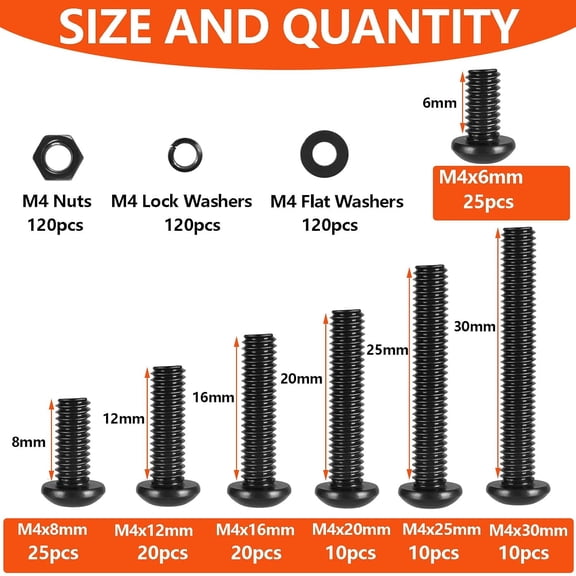 ZANHUA-480pcs M4 Screw Assortment Kit,M4 Screws (7 Sizes 6-30mm) for 3D Printer DIY,Hex Button Head Cap Screws Bolts Nuts Washer Kit,12.9 Grade Alloy Steel,Black Oxide,M4-0.5 x 6/8/12/16/20/25/30mm