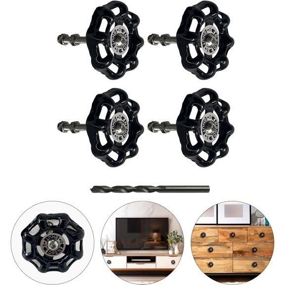 ZANHUA-4PCS Vintage Iron Valve Knobs and Pulls with Drill Bit, Unique Disc-Shaped Metal Cabinet Pull, Industrial Style Drawer Handles for Closet, Cupboard, Furniture Doors (Black)