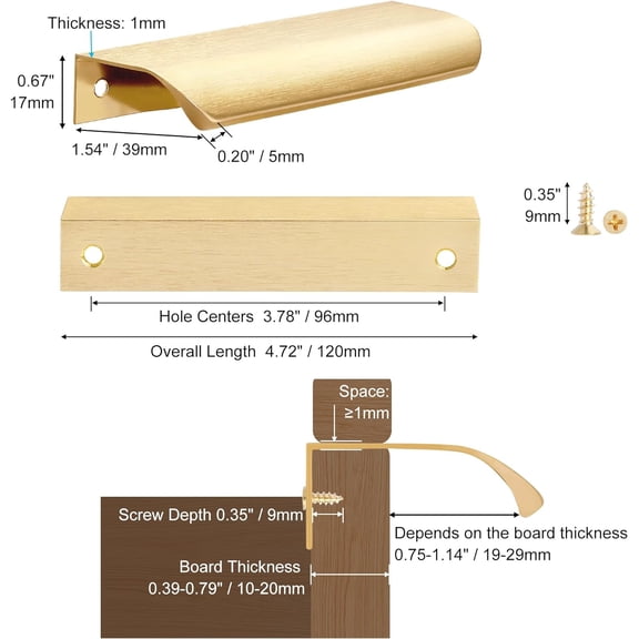 ZANHUA-5 Pack Gold Edge Finger Pulls for Cabinets 4.72" Kitchen Cabinet Pulls Handles Drawer Pulls Modern Aluminum Concealed Tab Pulls for Closet Door, Brushed Brass