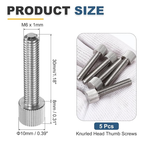 ZANHUA-5 Pcs M6 x 30mm Knurled Thumb Screws, 304 Stainless Steel Flat Head Knurled Fully Threaded Thumbscrew Bolts Fasteners for Home, Electronic, Machine
