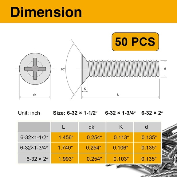 ZANHUA-50PCS 6-32 Machine Screws, Fully Threaded Extra Long Outlet Screws in 1-1/2, 1-3/4, and 2 inch Lengths for Electrical Switch Plates, Wall Outlet Mounting, Stainless Steel