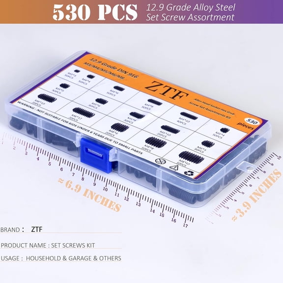 ZANHUA-530Pcs Metric Set Screw Assortment Kit, M3/4/5/6/8 Grub Screws Internal Hex Drive Set Screws for Bathroom Fixtures, Door Handles knobs, Towel Rack Screws Replacement, 12.9 Grade Alloy Steel