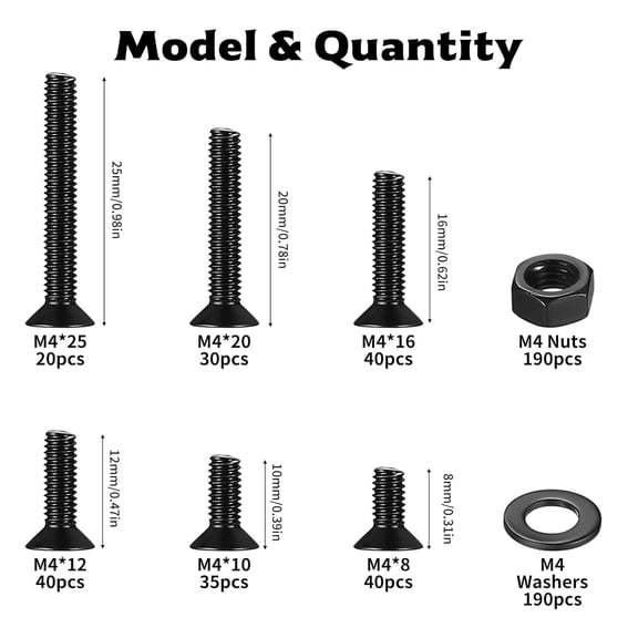 ZANHUA-585 Pcs M4 Screws and Nuts Set, Countersunk Bolts and Nuts Assortment, Black Phillips Flat Head Machine Screws with Washers Set(M4 Screw Kit, Black)
