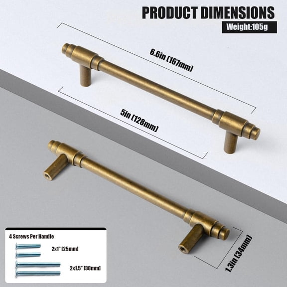 ZANHUA-6 Pack Antique Brass Cabinet Pulls, 5 Inch Hole Center Vintage Stepped Drawer Handles, Solid Zinc Alloy Cylindrical Hardware for Kitchen Cupboard, Dresser, Wardrobe Renovation
