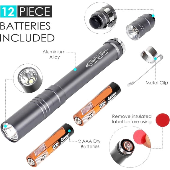 ZANHUA-6-Pack Pen Light, Aluminum LED Penlights with Batteries Included, Pocket Pen Flashlight with Clip for Inspections, Repairs, Camping and Emergencies, Grey
