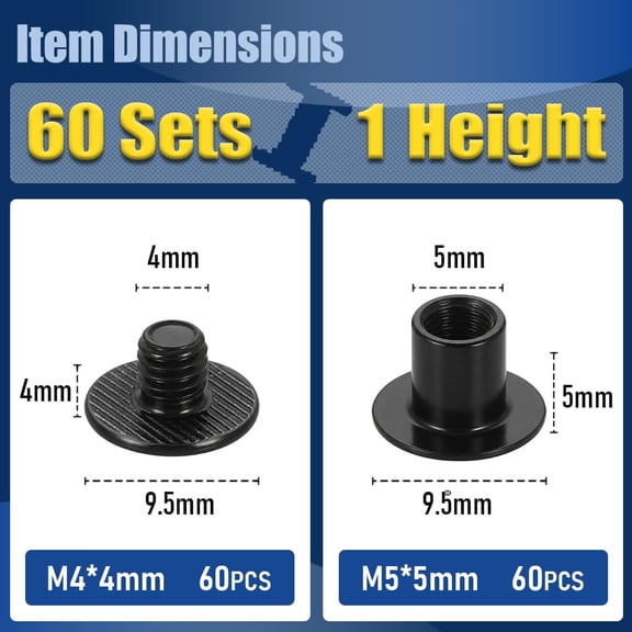 ZANHUA-60 Sets Chicago Screws for Belt Buckles and Dog Collars, M5x5mm Post & M4x4mm Screw (3/16"), Carbon Steel Leather Rivets for Thin Crafts,(Matte Black)