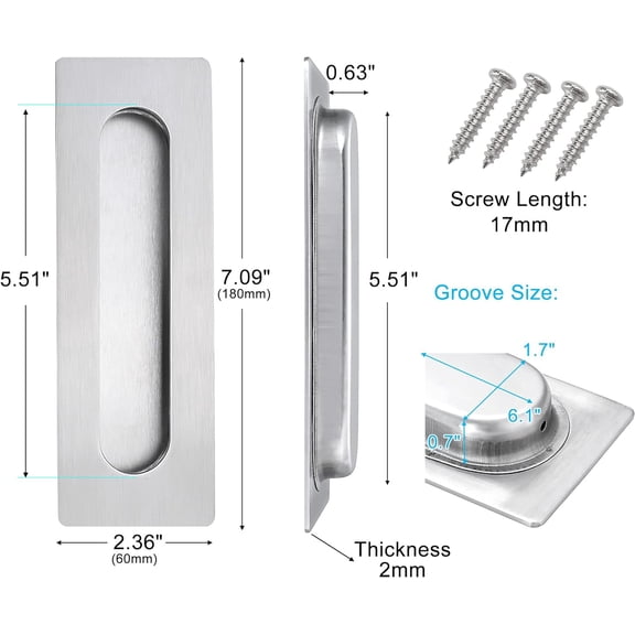 ZANHUA-7 Inch Large Recessed Finger Flush Pulls for Barn and Pocket Doors, Heavy Duty Sliding Closet Handle, Brushed Stainless Steel Rectangular Hardware (2 Pack)