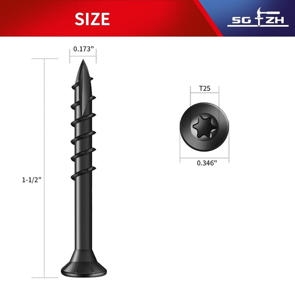 ZANHUA-#8 x 1-1/2" Deck Screws (150Pcs) 1lb. Exterior Wood Screws. Carbon Steel, Black, Flat Head, Rust Resistant epoxy Coated, with T25 Star Bit