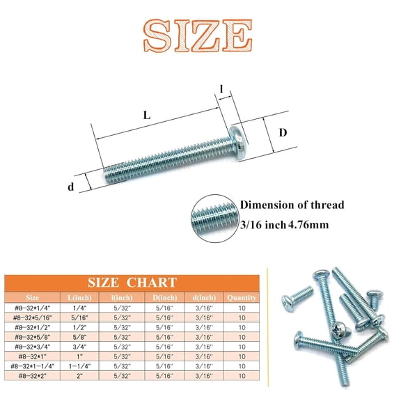 ZANHUA-80 Pcs 8 Sizes #8-32 Machine Screws Knob Cabinet Screws Electricians Screws, Carbon Steel Zinc-Plated Phillips Pan Head Machine Screws Assortment Kit
