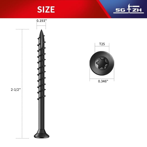 ZANHUA-#9 x 2-1/2" Deck Screws (81Pcs) 1lb. Exterior Wood Screws. Carbon Steel, Black, Flat Head, Rust Resistant epoxy Coated, with T25 Star Bit