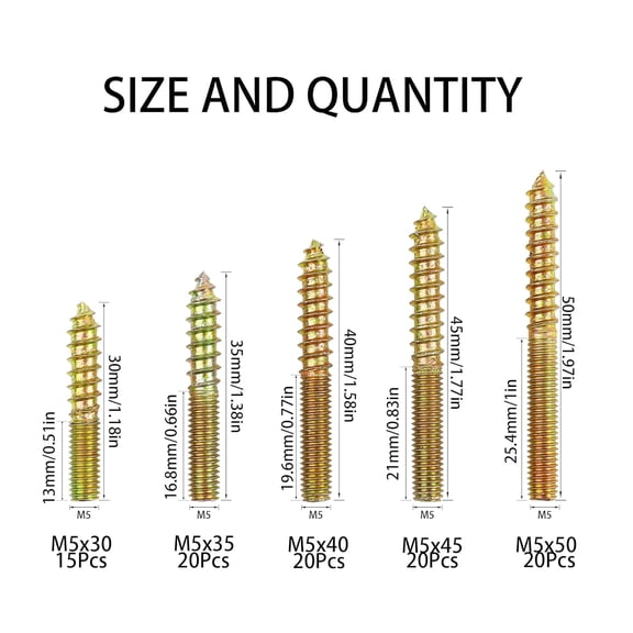 ZANHUA-95Pcs M5 Hanger Bolts Studs Dowel Screw Double Ended Self-Tapping Threaded Assortment Set for Wood Joint Furniture Legs