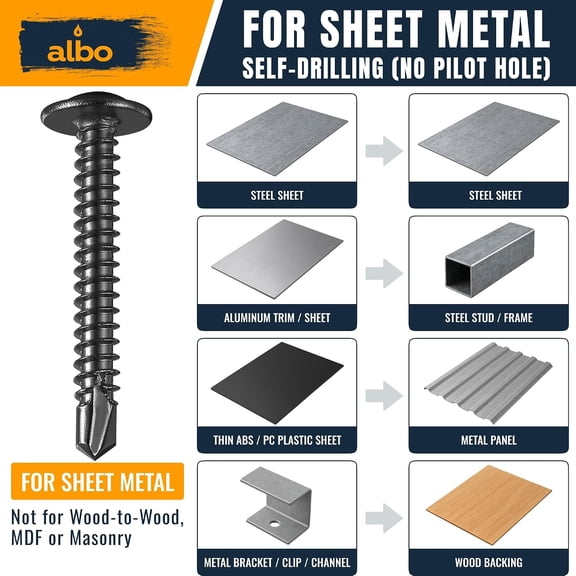 ZANHUA-ALBO 200 PCS, #8 x 1-1/4 inch Self Tapping Sheet Metal Screws Black, 410 Stainless Steel Truss Head Screws, Magnetic Self Drilling Sheet Metal Screws for HVAC, Metal Studs & Thin Sheet