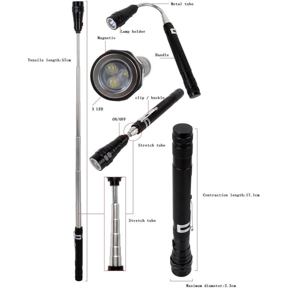 ZANHUA-BlueSunshine Portable 3 x LED Telescopic Flexible Extensible Led Flashlights Torch Magnetic Head Pick Up Tool Flash Light Lamp (Max Length 22 Inch), 4 x LR44 Batteries (Included), Black